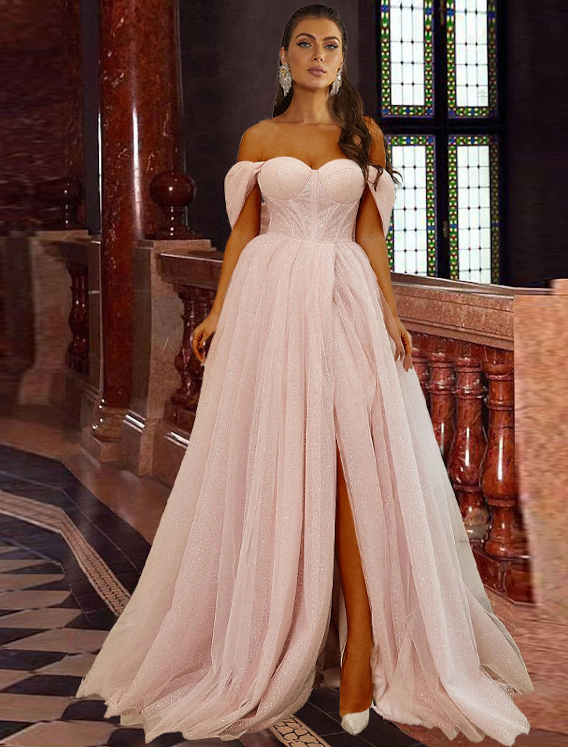 Wholesale  A-Line Prom Dresses Corsets Dress Prom Birthday Sweep / Brush Train Short Sleeve Off Shoulder Tulle with Glitter Pleats Slit